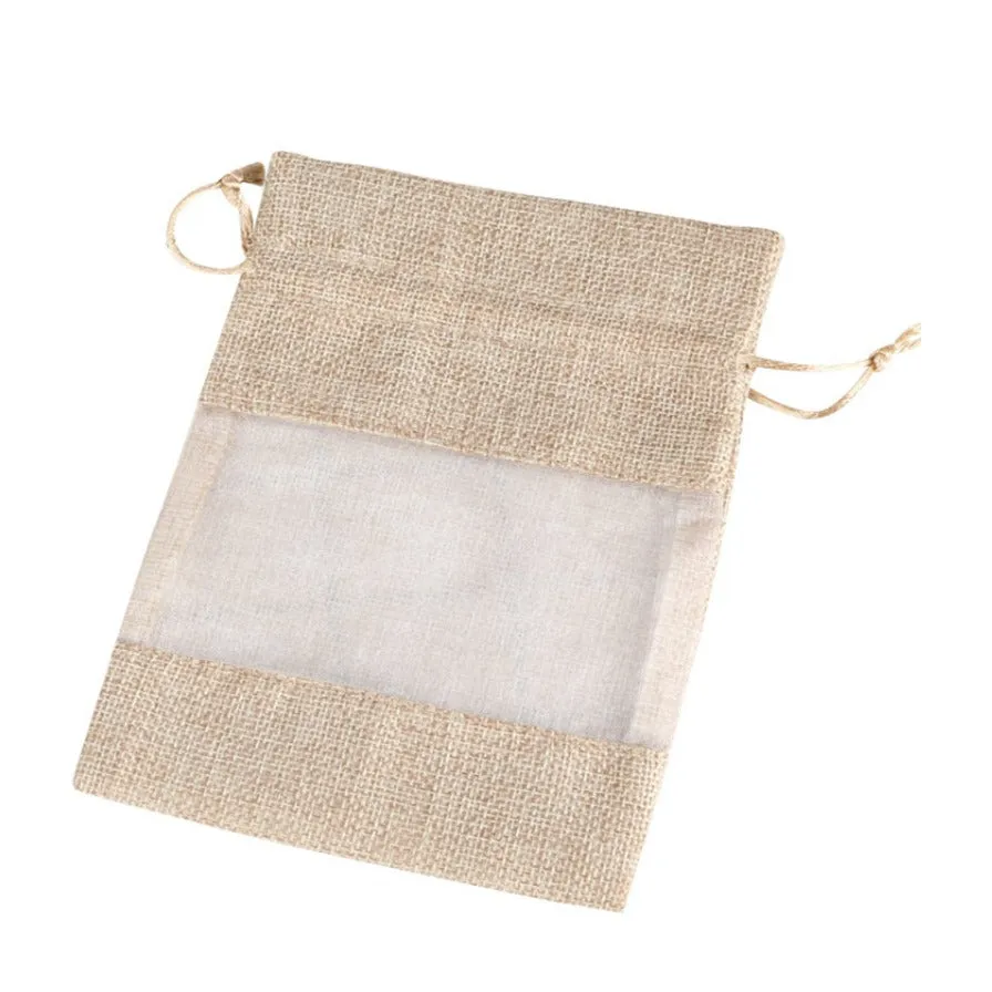 (Set of 10) 18x13cm Jute Gift Bag Gift Bag with Drawstring / Window - Nature
