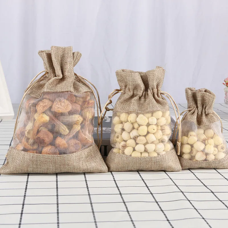 (Set of 10) 18x13cm Jute Gift Bag Gift Bag with Drawstring / Window - Nature