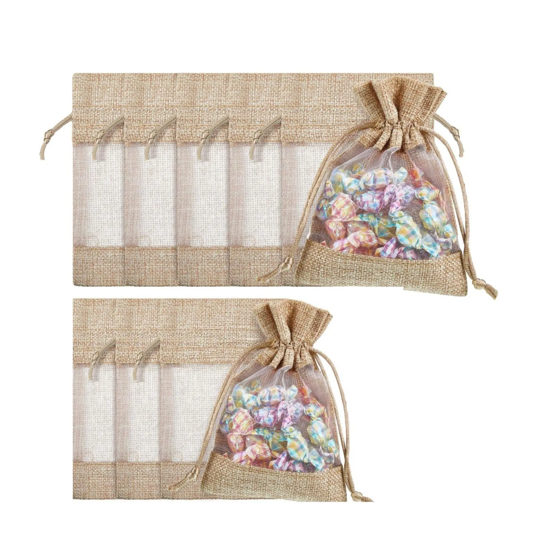 (Set of 10) 18x13cm Jute Gift Bag Gift Bag with Drawstring / Window - Nature